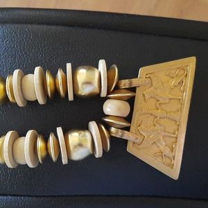 Les Bernard Inc. Gold Tone & Beige Egyptian Design Necklace